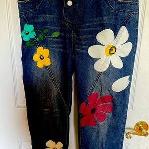 Denim Floral-Print Jeans from Anniecloth in medium.